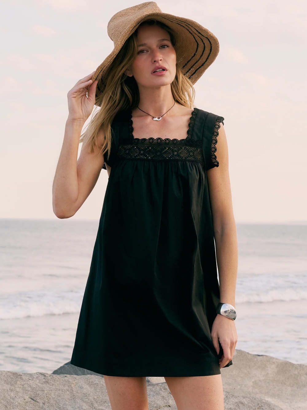sorella Tammy Cotton Dress Women’s Black Lace-Trim Square Neck minidress size M
